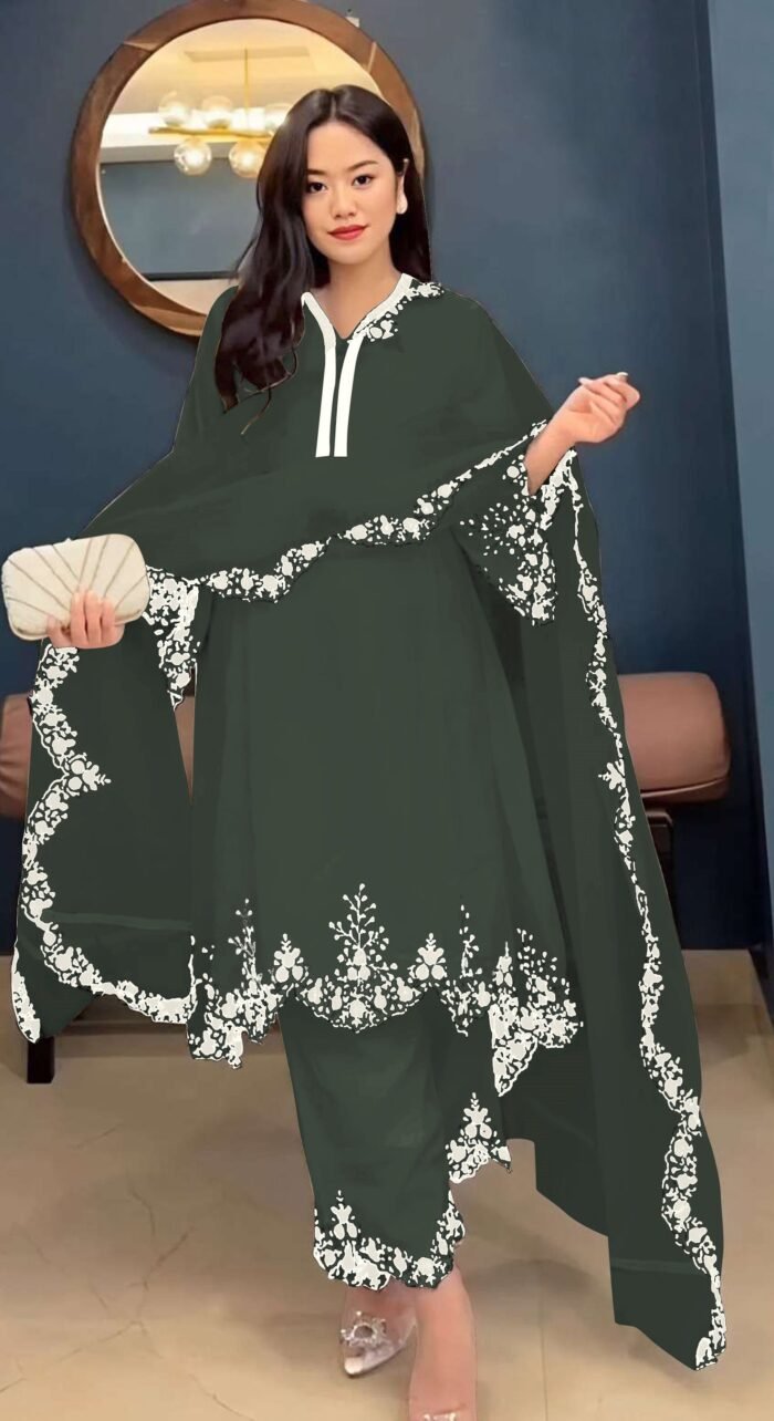 Women's Green Embroidered Faux Georgette Free Size Stitched Pakistani Salwar Suit