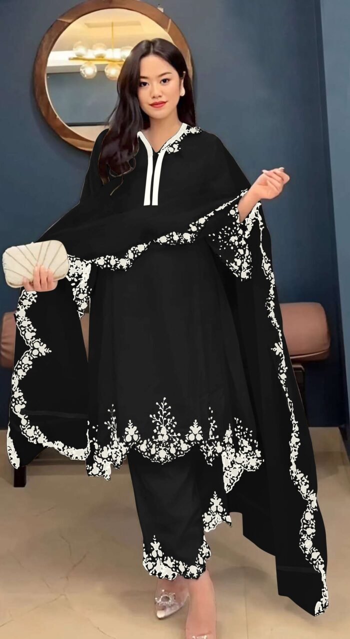 Women's Black Embroidered Faux Georgette Free Size Stitched Pakistani Salwar Suit