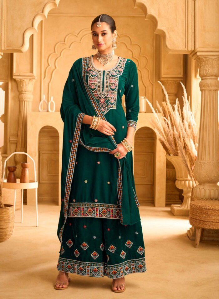 Women's Green Embroidered Velvet Semi-Stitched Pakistani Salwar Suit