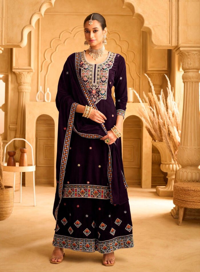 Women's Purple Embroidered Velvet Semi-Stitched Pakistani Salwar Suit