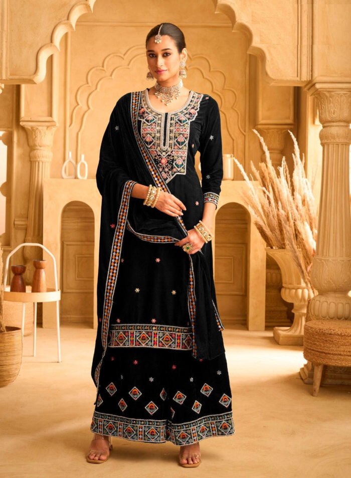Women's Black Embroidered Velvet Semi-Stitched Pakistani Salwar Suit