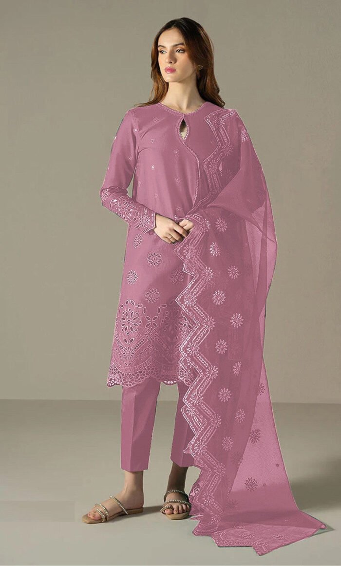 Women's Pink Embroidered Cotton Semi-Stitched Pakistani Salwar Suit