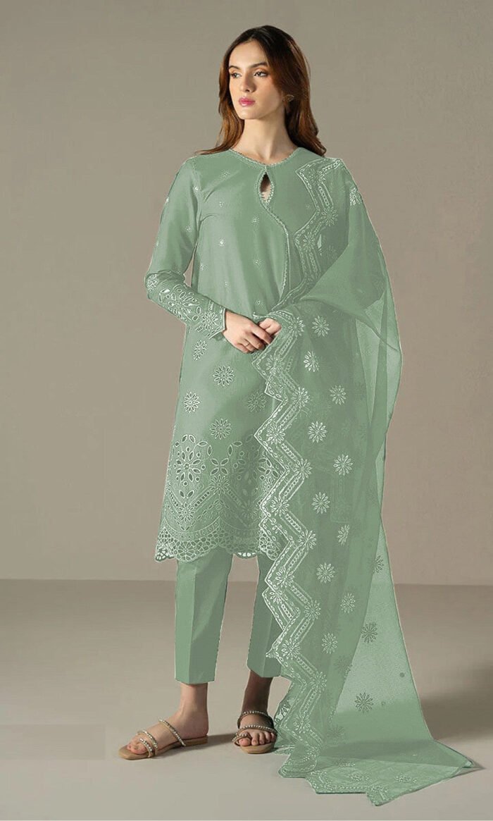 Women's Green Embroidered Cotton Semi-Stitched Pakistani Salwar Suit
