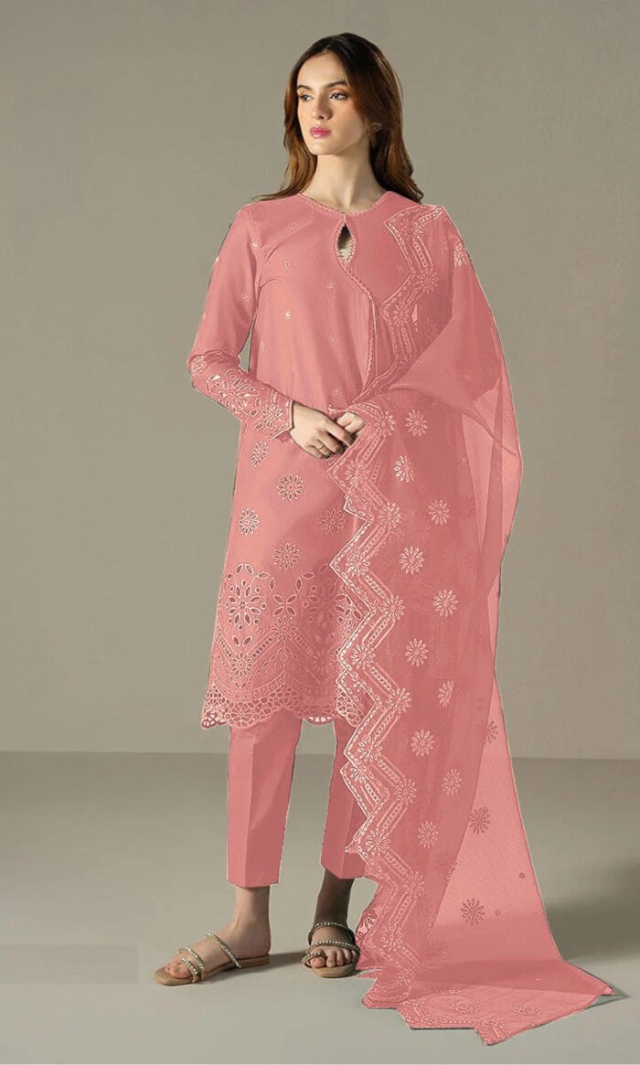 Women's Orange Embroidered Cotton Semi-Stitched Pakistani Salwar Suit