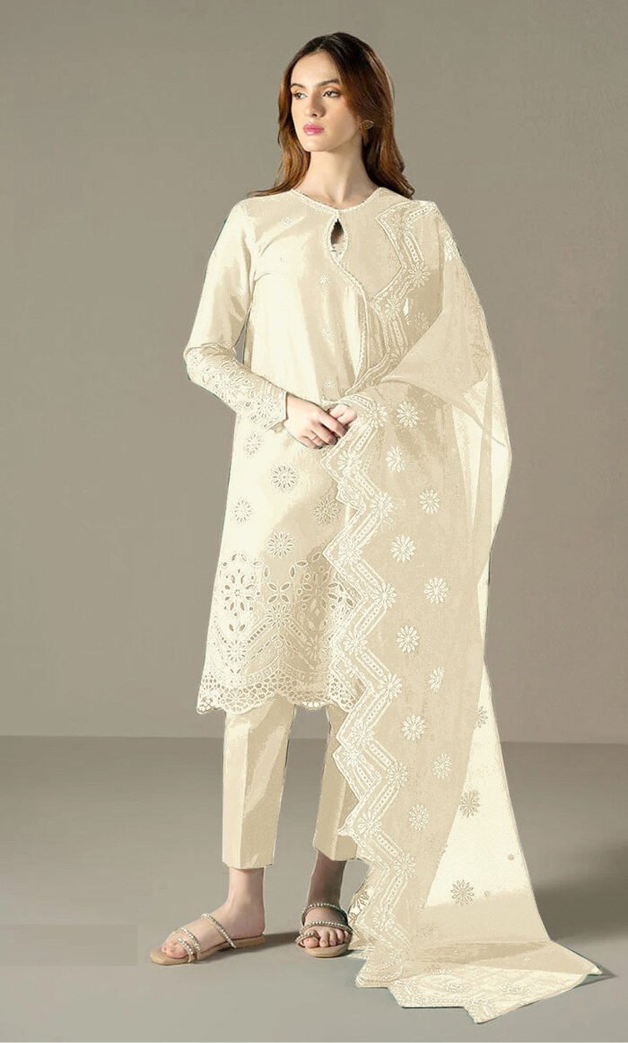 Women's White Embroidered Cotton Semi-Stitched Pakistani Salwar Suit
