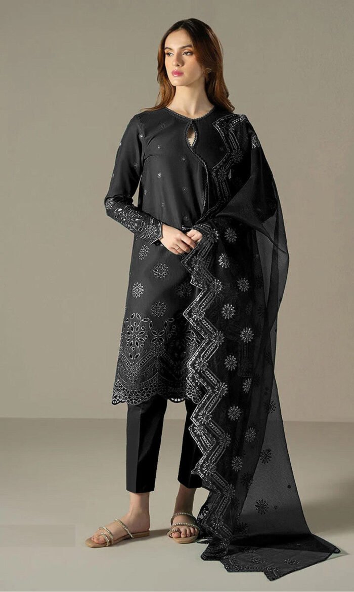 Women's Black Embroidered Cotton Semi-Stitched Pakistani Salwar Suit