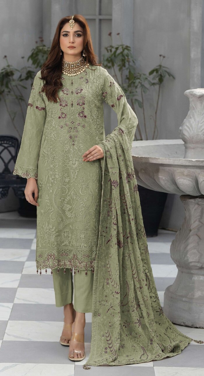 Women's Green Embroidered Faux Georgette Semi-Stitched Pakistani Salwar Suit