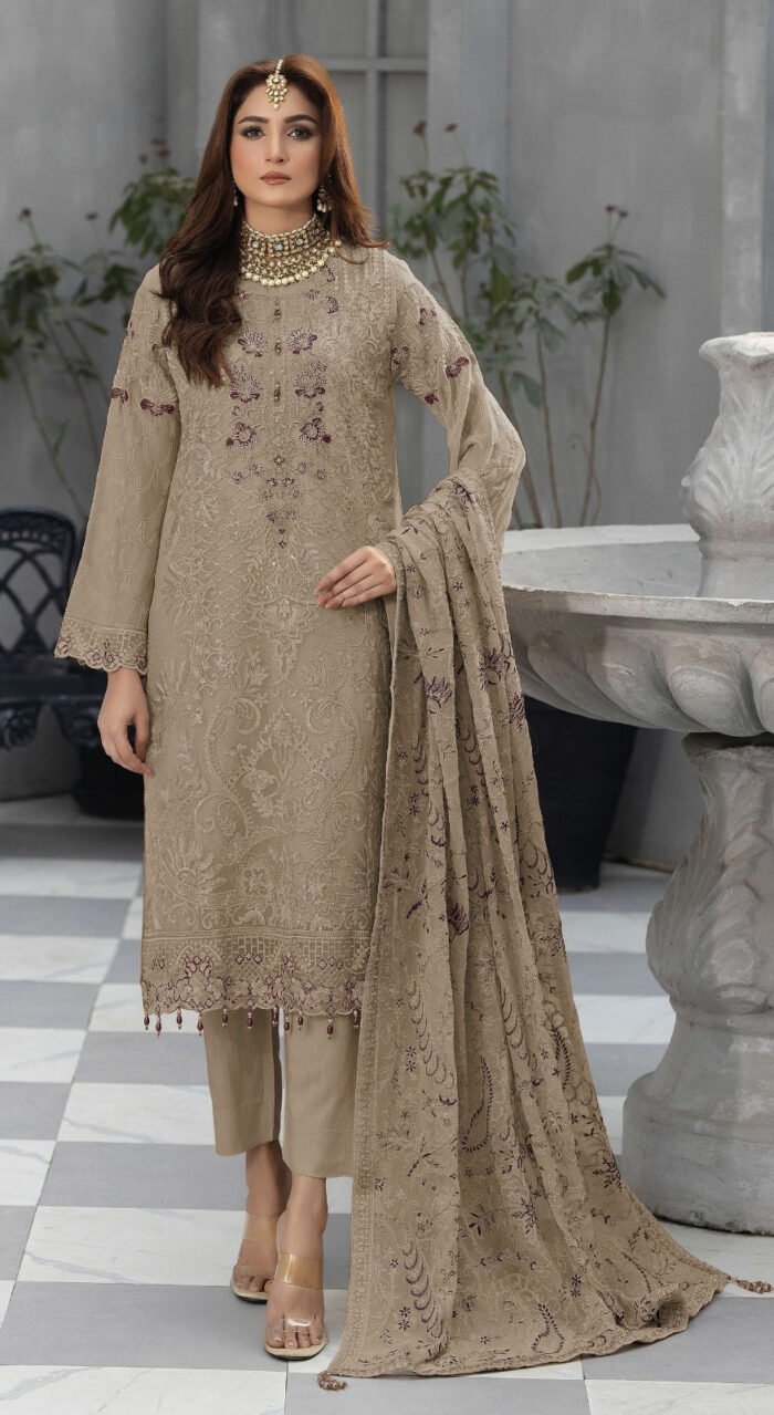 Women's Beigh Embroidered Faux Georgette Semi-Stitched Pakistani Salwar Suit