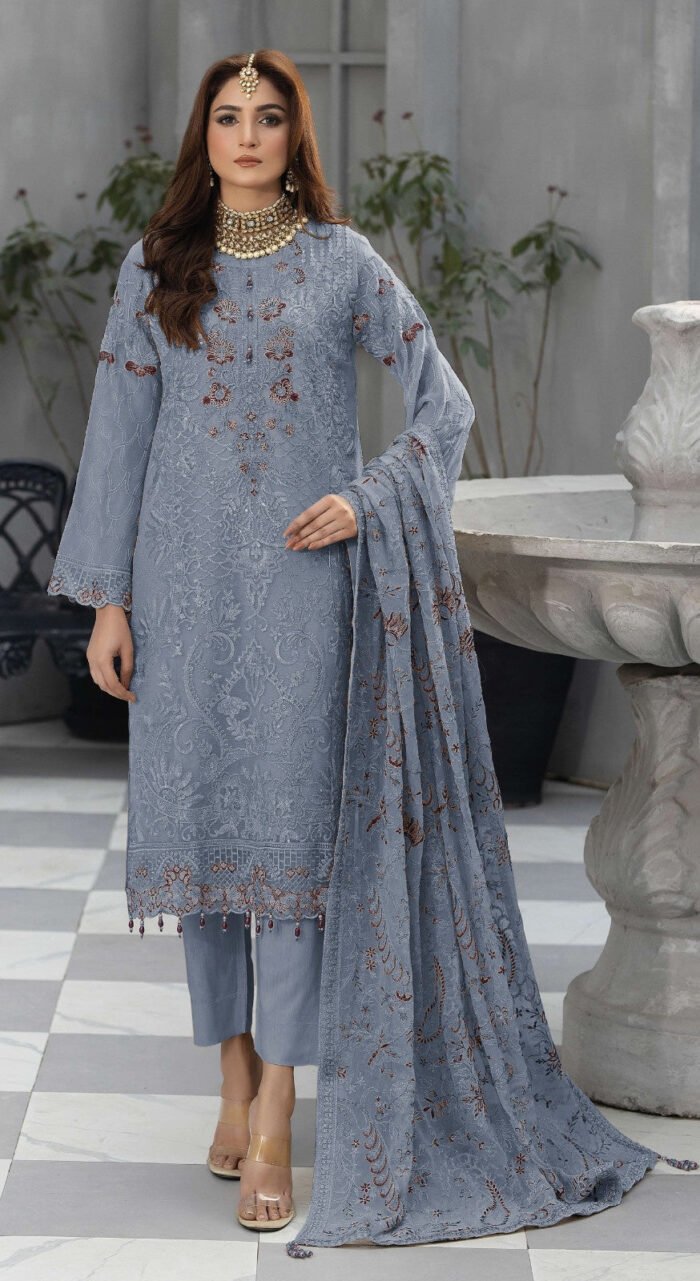 Women's Grey Embroidered Faux Georgette Semi-Stitched Pakistani Salwar Suit