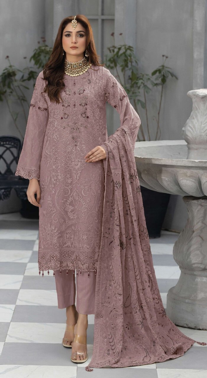 Women's Mauve Embroidered Faux Georgette Semi-Stitched Pakistani Salwar Suit