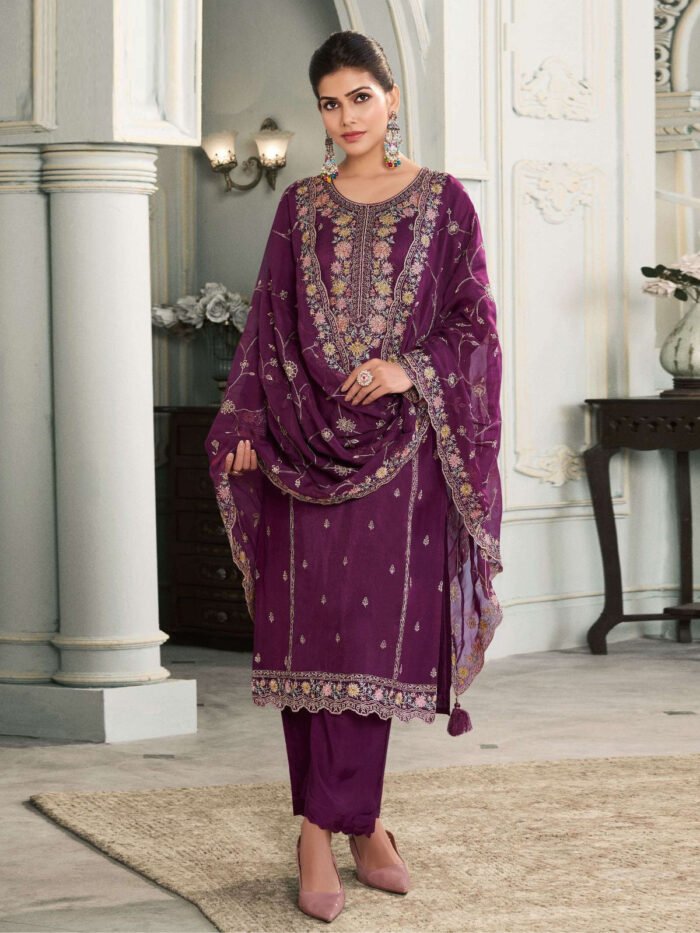 Women's Purple Embroidered Muga Silk Semi-Stitched Pakistani Salwar Suit