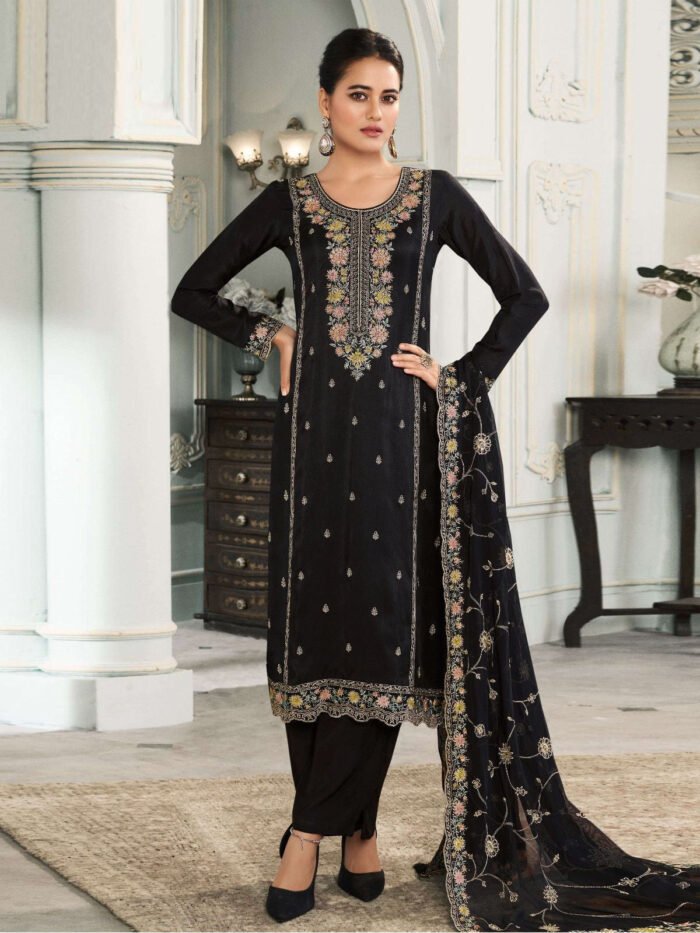 Women's Black Embroidered Muga Silk Semi-Stitched Pakistani Salwar Suit