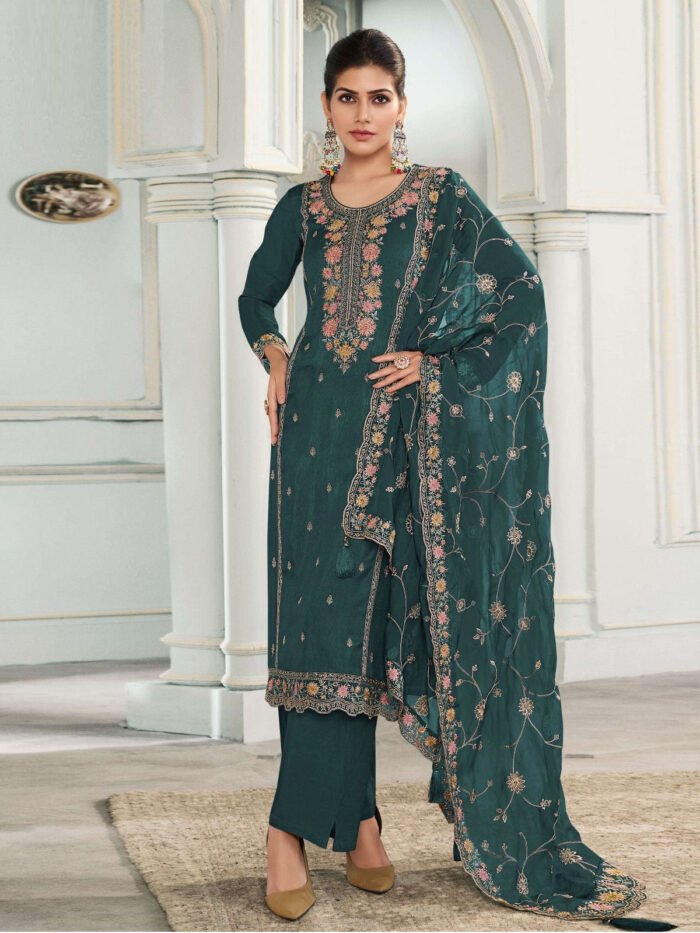 Women's Rama Embroidered Muga Silk Semi-Stitched Pakistani Salwar Suit