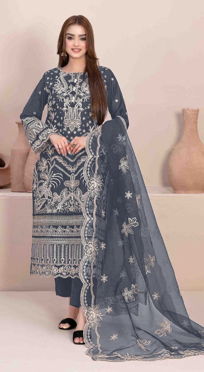Women's Grey Embroidered Georgette Semi-Stitched Pakistani Salwar Suit