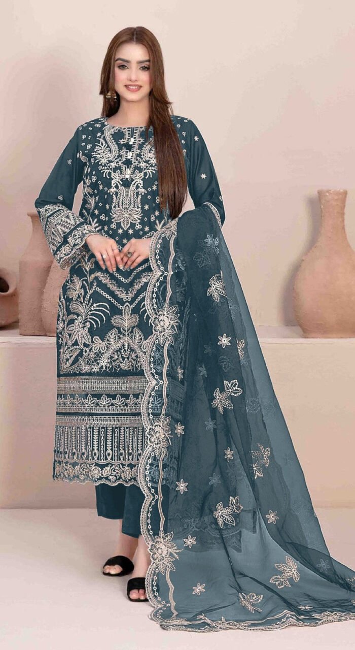 Women's Aqua Blue Embroidered Georgette Semi-Stitched Pakistani Salwar Suit