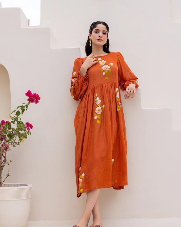 Women's Orange Kota Checks Digital Print Gown