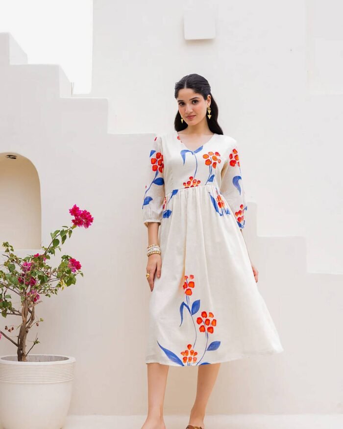 Women's White Kota Checks Digital Print Gown