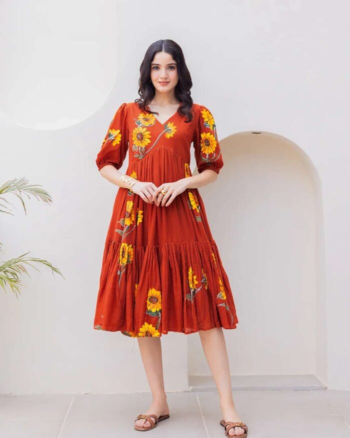 Women's Red Kota Checks Digital Print Gown
