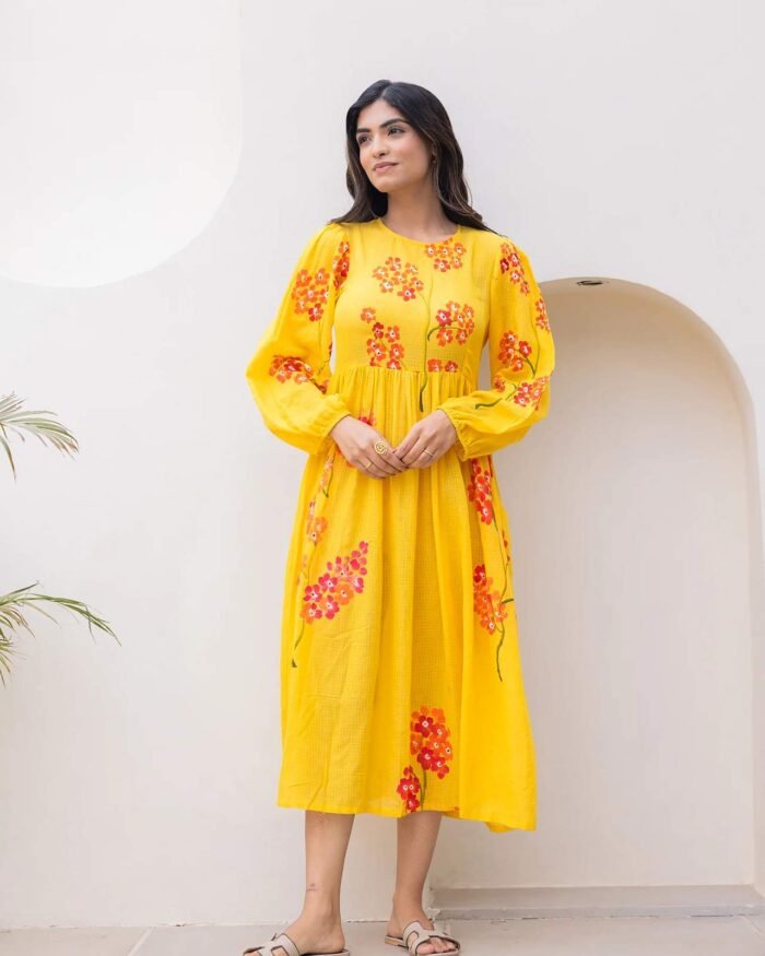 Women's Yellow Kota Checks Digital Print Gown