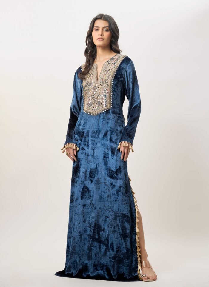 Tara navy blue velvet beyza kaftan