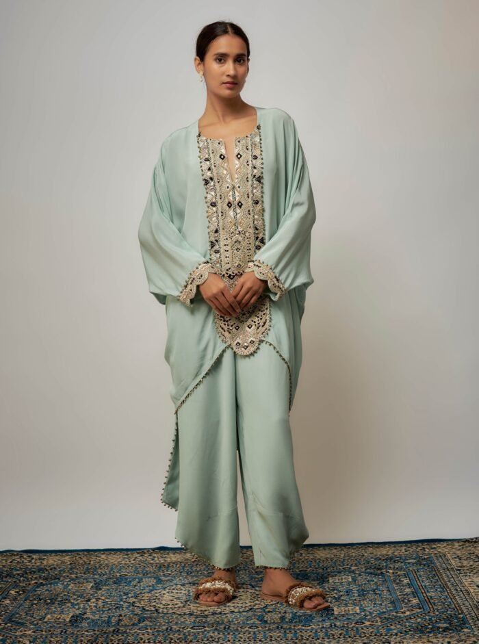Seafoam embroidered yoke kaftan with pant