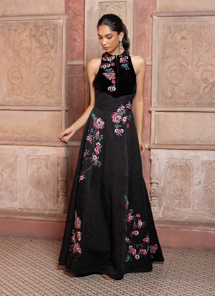 Black satin textured maxi