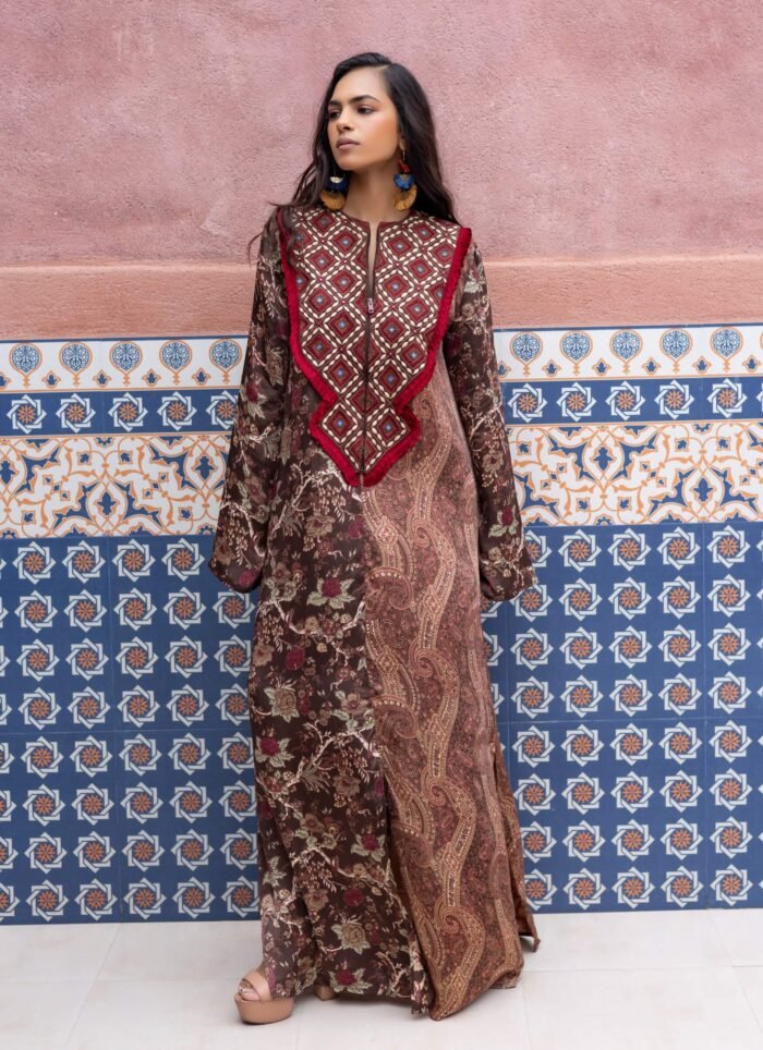 Brown chintz and paisley kaftan