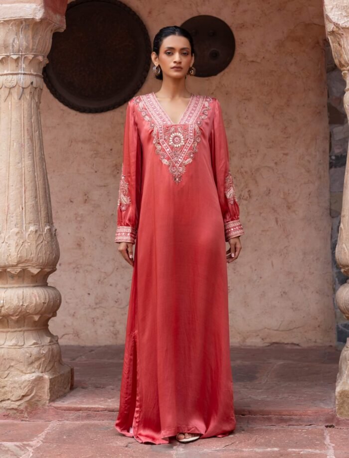 Watermelon red satin paisley kaftan