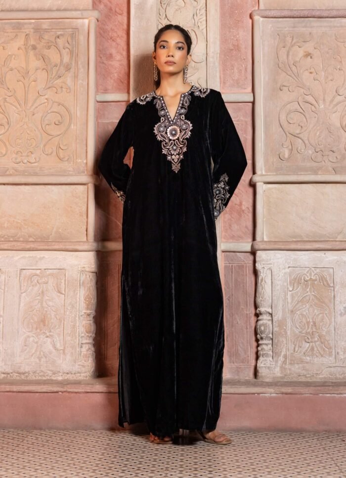 Black velvet paisley embroidered kaftan