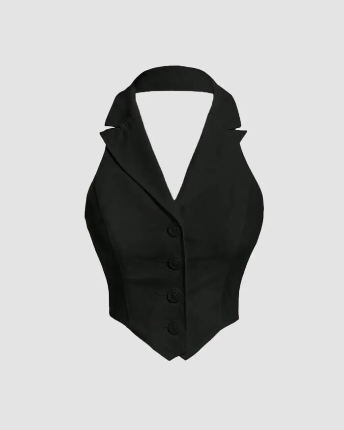 Party Halter Neck Button Front Crop Top in Black