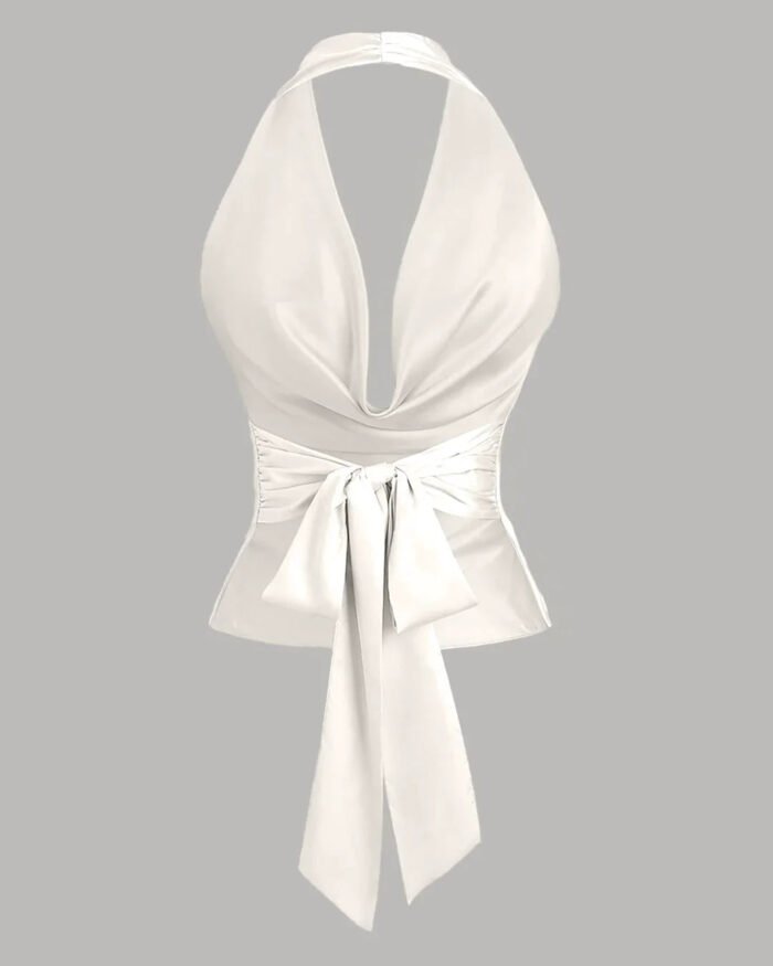 Party Halter Neck Draped Slim Fit Satin Top in White