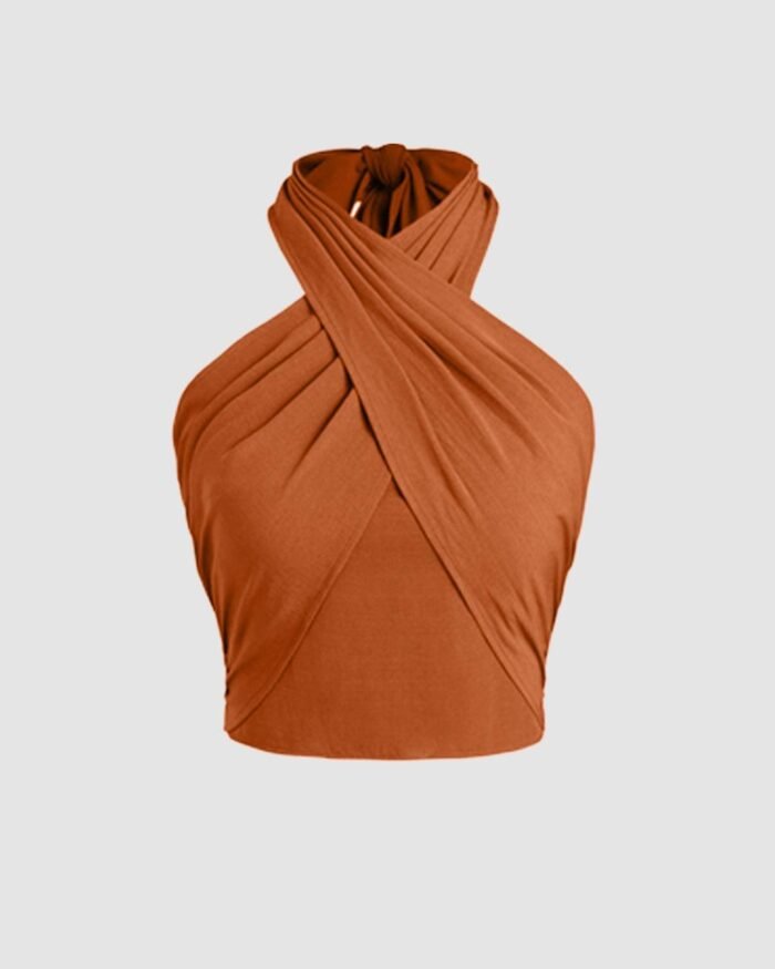 Party Halter Neck Twist Front Sleeveless Crop Top in Orange