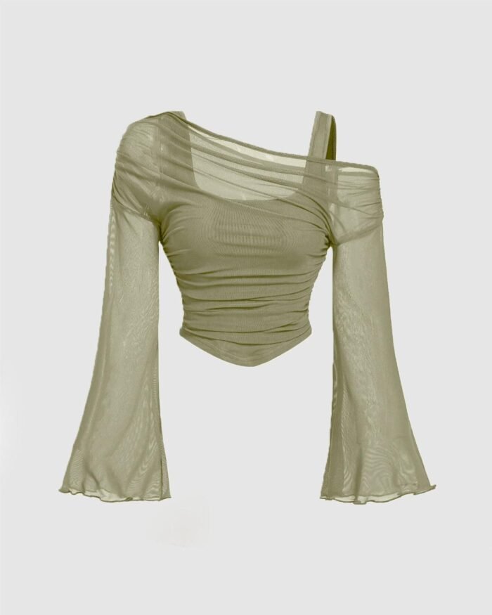Party Off Shoulder Ruched Flared Full Sleeve Top in Green