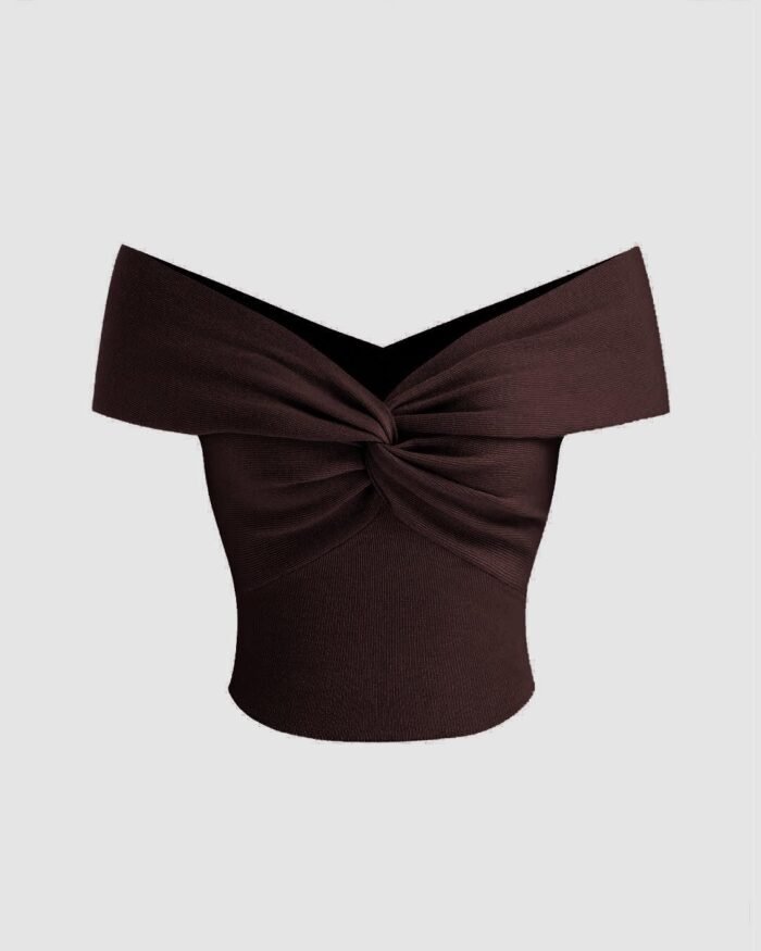 Party Off Shoulder Ruched Twist Front Top in Brown