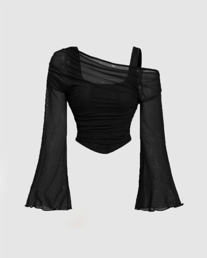 Party Ruched Off Shoulder Flared Full Sleeve Top in Black