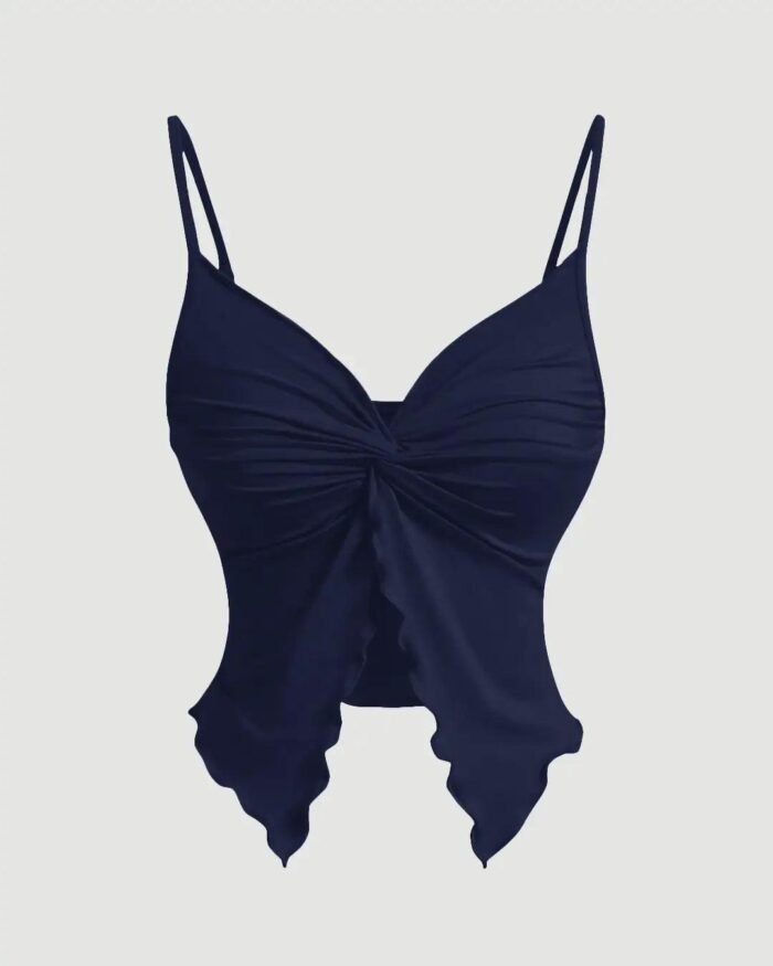 Party Sleeveless Ruched Tie Front Top in Navy Blue