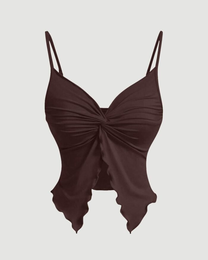 Party V Neck Ruched Sleeveless Flared Hem Top in Brown