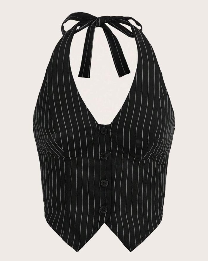 Pinstripe Tie Neck Button Front Halter Sleeveless Top in Black