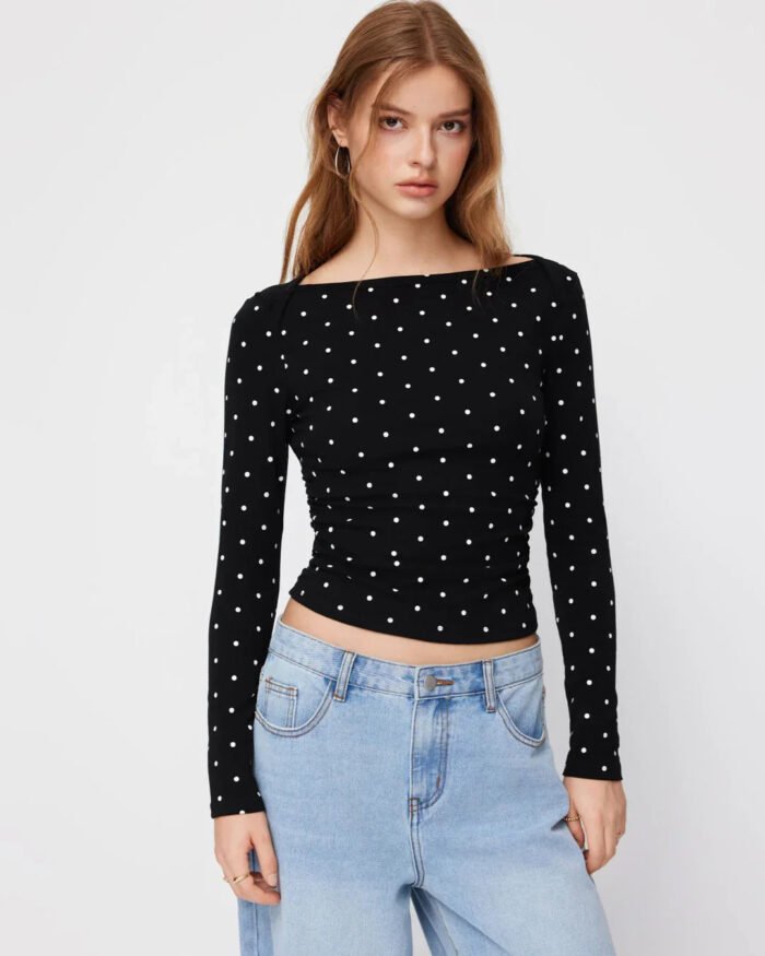 Polka Dot Boat Neck Slim Fit Full Sleeve Top in Black