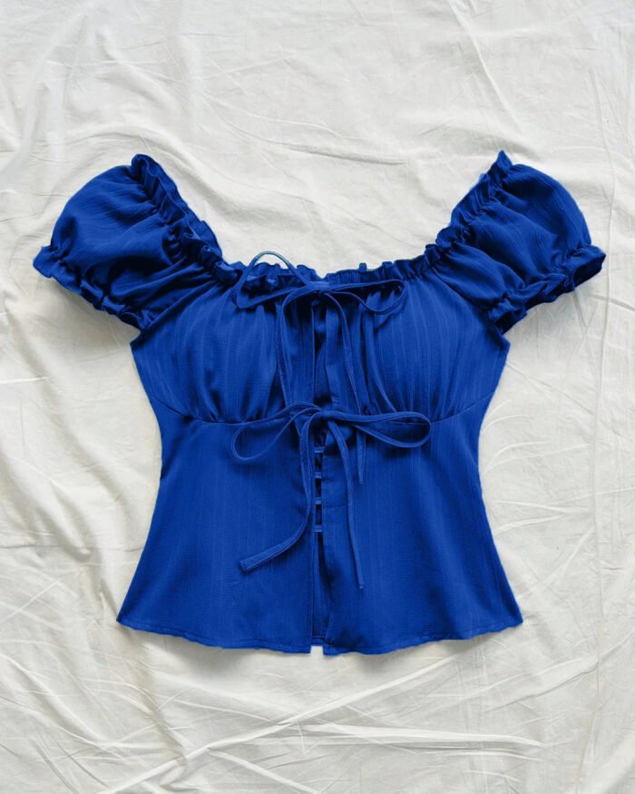 Puff Sleeve Off Shoulder Tie Front Peplum Top in Blue