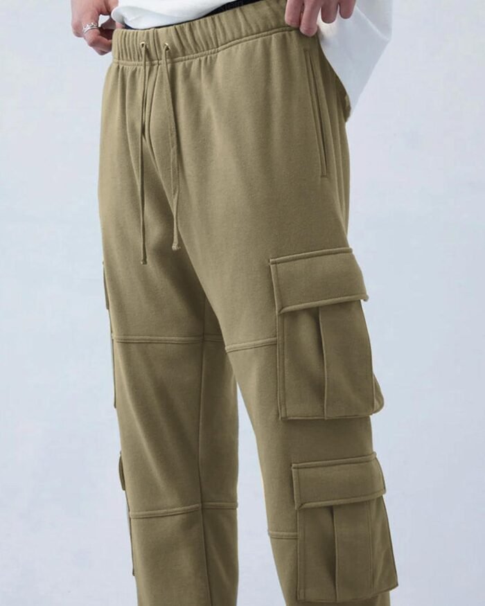 Men Relaxed Fit Terry Olive Straight Cargo Pants