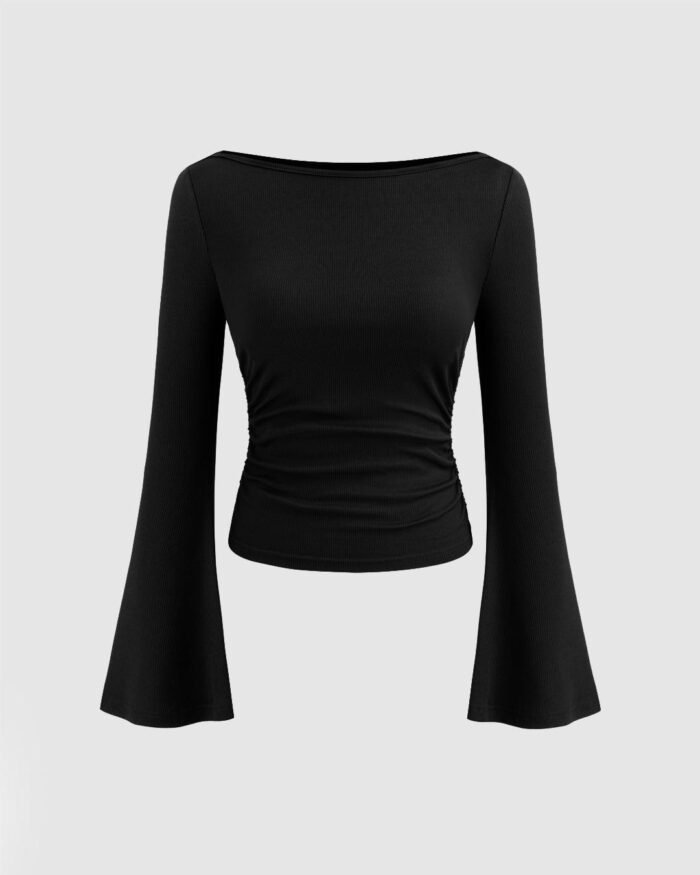 Round Neck Fitted Flared Sleeve Long Top in Black