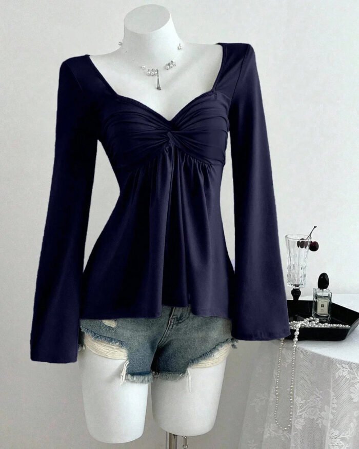 Ruched Bust Sweetheart Neck Full Sleeve Top in Navy Blue