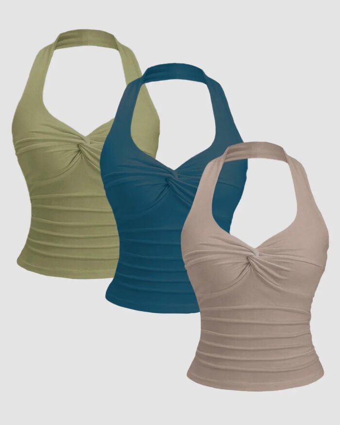 Ruched Halter Neck Combo Tops in Sage, Beige & Teal Blue