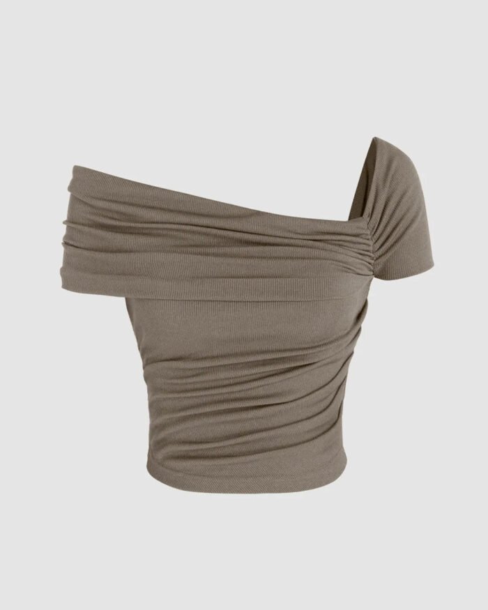 Ruched Off-Shoulder Short Sleeve Crop Top In Grey