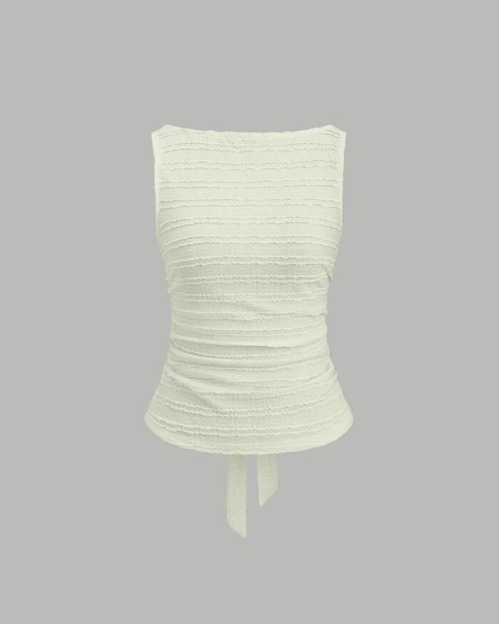 Ruched Sleeveless Back Tie Textured Top in White