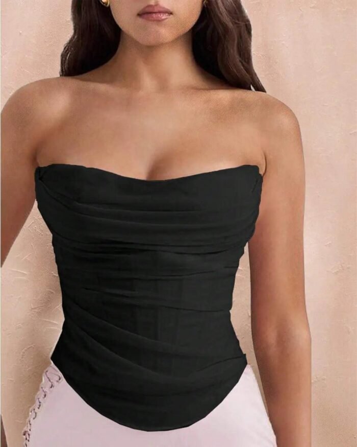 Ruched Strapless Corset Style Tube Top in Black