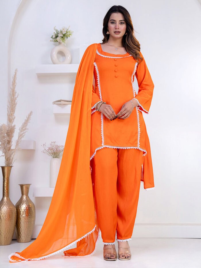 Women's Orange Rayon Lace Button Stiched Party Wear A-Line Kurta Set