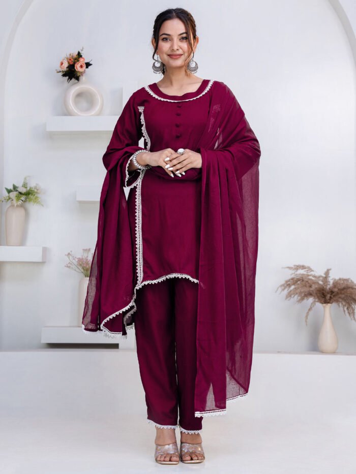 Women's Wine Rayon Lace Button Stiched Party Wear A-Line Kurta Set