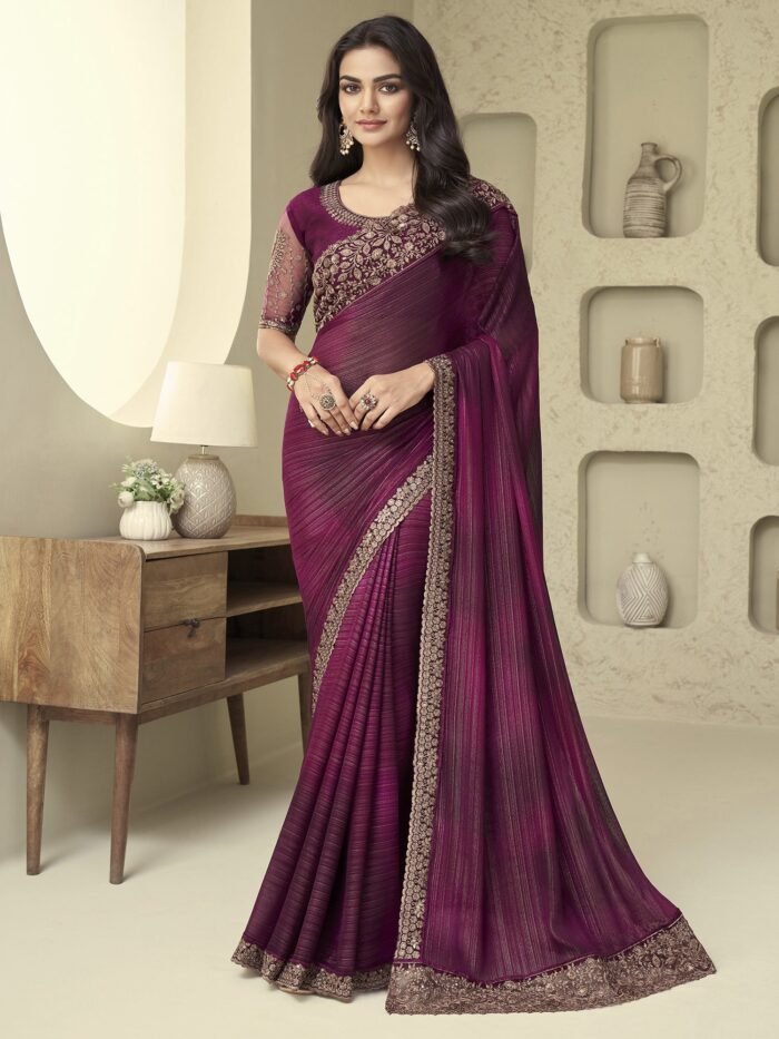 Women's Georgette Purple Embellished Designer Saree With Blouse Piece